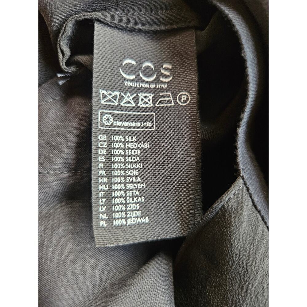 COS Black Sheath Dress Sz 8 100% Silk Keyhole back Asymmetrical hem Semi Sheer - Picture 10 of 11